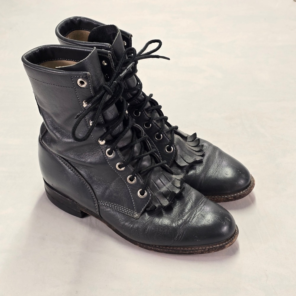 Vintage Justin Roper L0502 Grey LaceUp Kiltie Cowboy Boots Womens 6B Made in USA